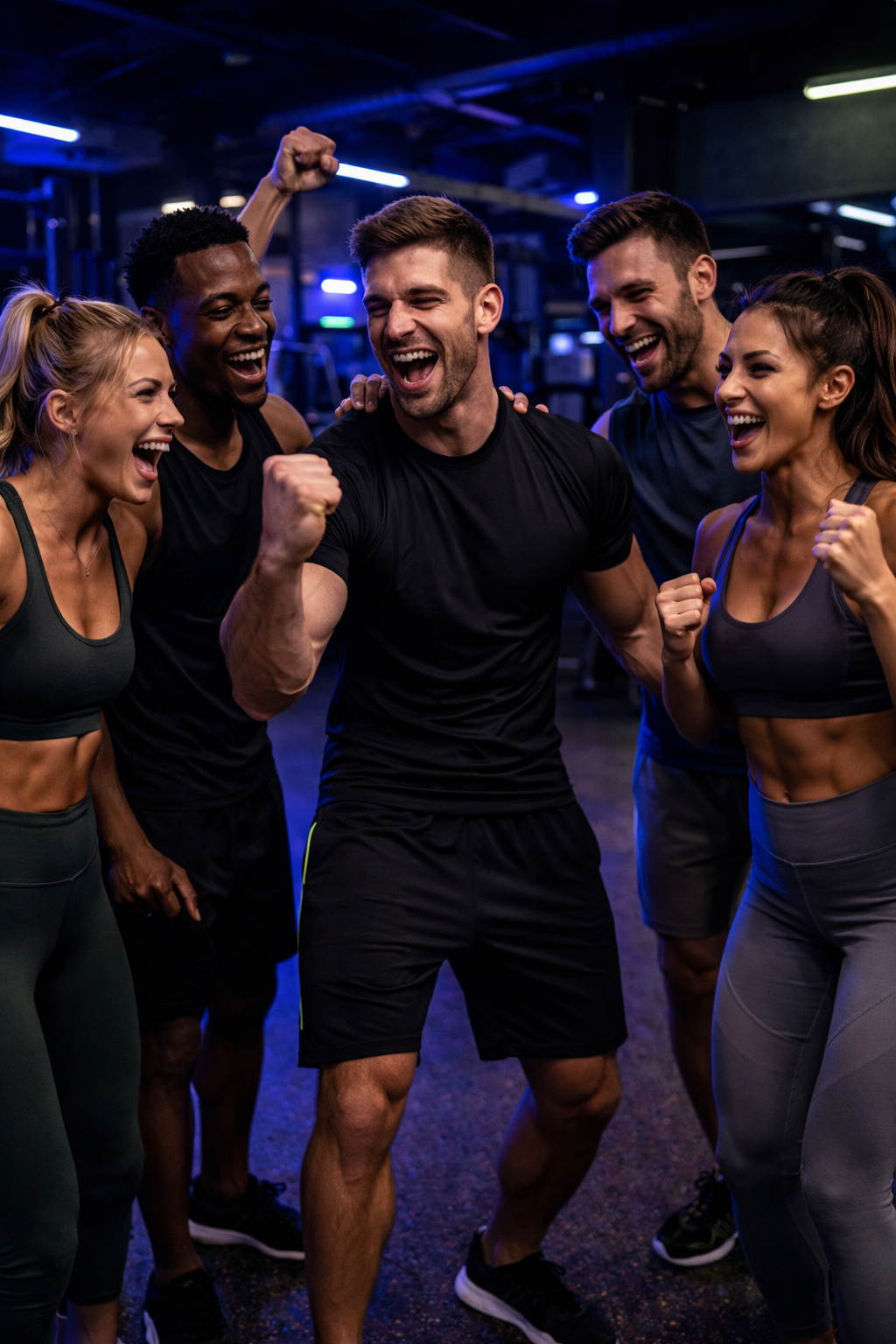 Fitness community training together in a premium gym challenge setting